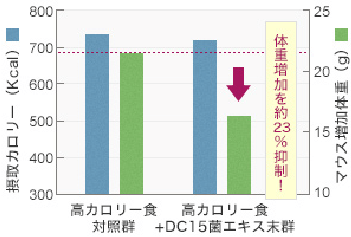 図：DC-15菌エキス末が体重増加を抑制することを示すグラフ